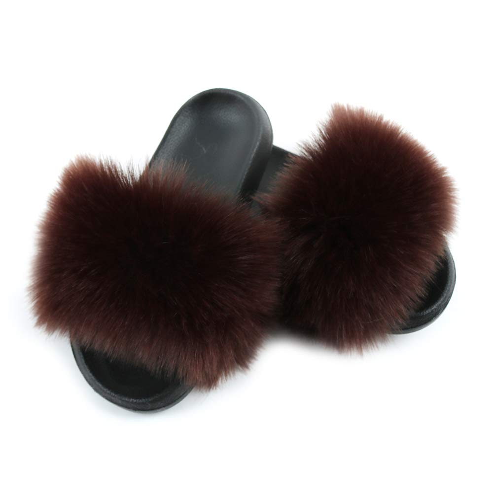 Hiser Women Fluffy Faux Fur Slipper Sliders, Ladies Furry Open Toe House Slippers Cozy Comfy Non Slip Sliders for Walking Indoor Outdoor (Brown,UK3.5-4/250)