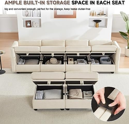 Modular Sectional Sofa with Storage, U Shaped Sectional Couch for Living Room, Convertible Modular Sofa Couch with Ottomans, High Supportive & Soft Sponge, 6 Seat, Beige - Thumbnail 3