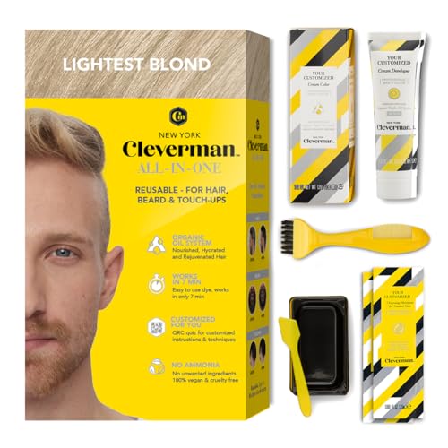 CLEVERMAN Lightest Blond Hair & Beard Dye for Men, All-in-One Reusable Kit - Men's Color For Natural-Looking Gray Coverage, Professional-Quality and Ammonia-Free