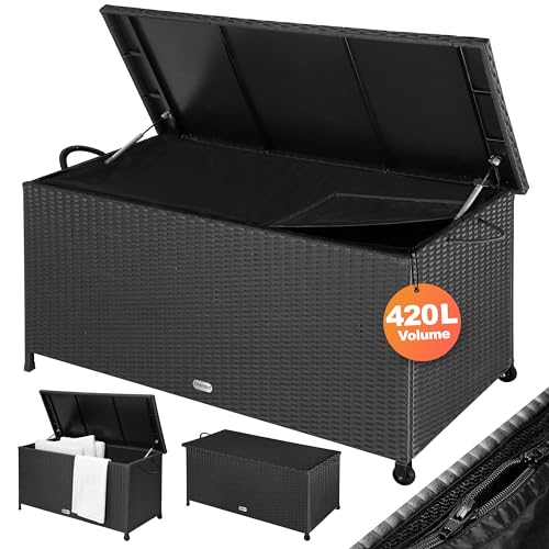 CASARIA 420 Litre Polyrattan Garden Storage Box with Wheels | Waterproof UV Resistant | Inner Lining...