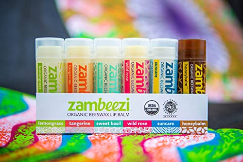 Zambeezi Fair Trade, Organic Beeswax Lip Balm - Variety 6 Pack (Lemongrass, Tangerine, Wild Rose, Sweet Basil, Suncare And Honeybalm) - Ethically Sourced #TOP1