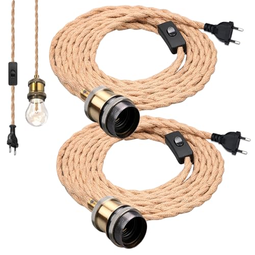 Lámpara De Cuerda De Cáñamo,2 Piezas 4,5 m E27 Lámpara Colgante Enchufable,Lámpara Colgante De Cuerda De Cáñamo,Seil HäNgelampe Para Lámpara Vintage Para Industria,Bar,Balcón,Casa De Campo,Loft