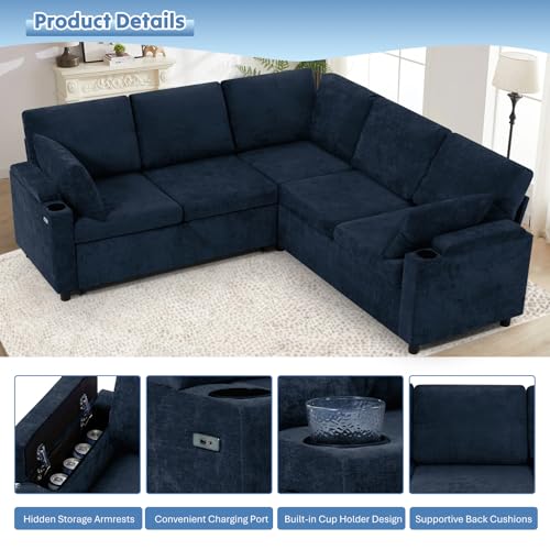 Image of 85 inch Chenille Sectional Sofa w /Pull Out Bed & Storage Space, Blue | Upholstery L Shaped Couch w /Cup Holders, Modern Corner Sofa w /USB Charging Port & Throw Pillow for Living Room