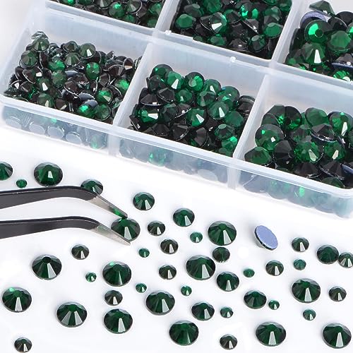 Image of Bymitel Hotfix Crystal Rhinestones Round Gems for Crafts,Mixed 6 Sizes with Wax Pencil Kit, Emerald 1.6-6.3mm SS4-SS30 /8000pcs
