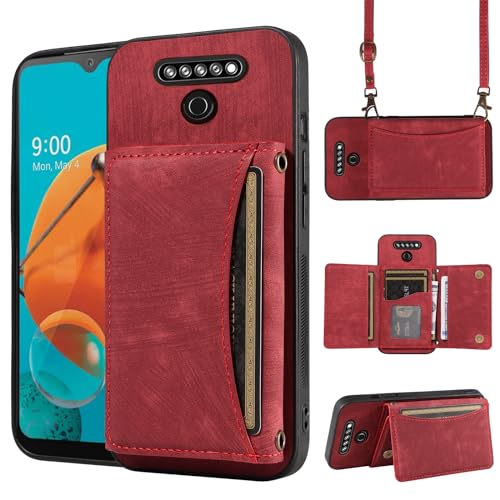 Dswteny Phone Case for LG K61/Q61/K51S/K41S Wallet Cover with Crossbody Shoulder Strap and Leather Credit Card Holder Pocket Slim Stand Cell Accessories Mobile Flip Purse K 61 51S 41S Women Girls Red