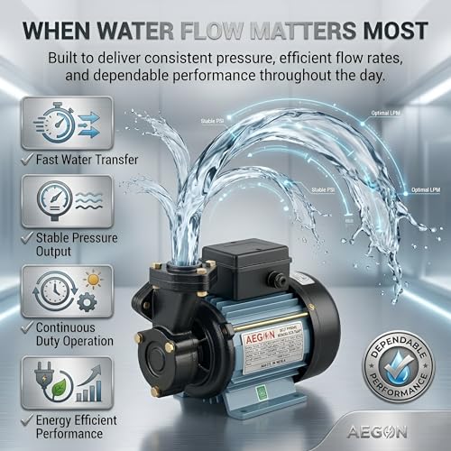 Image of AEGON 1HP Self Priming Monoblock Water Pump | 220V Single Phase Pump for Home, Garden & Farm Use | 45 LPM Flow Rate | 2725 RPM | Cast Iron Body with Brass Impeller | 6-Month Warranty