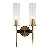BOKT Mid-Century Modern Indoor Crystal Wall Sconce Brushed Brass Gold 2-Lights Wall Sconce Lighting Clear Cylinder Glass Round Wall Sconce Long Bedroom Bedside Wall Light Lamp