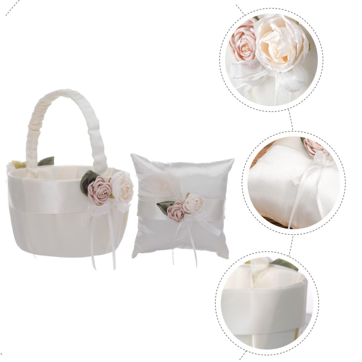 Dekoratives Ringkissen Hochzeit 1 Satz aus Satin in Weiß | Blumenkorb Form, für Verlobungsfeiern, Zarte Romantische Optik, 2 Stück