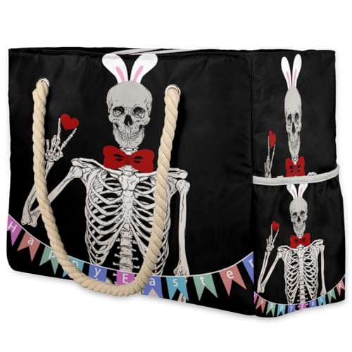 Skull Pattern Large Beach Bag Waterproof Beach Bag for Women Oversized Sandproof Beach Tote Bag with Zipper for Gym Travel Daily Pool Bag Big Tote