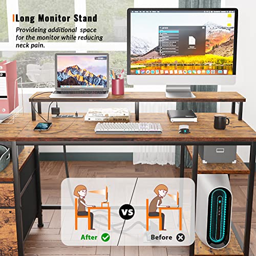 Furologee 61" Computer Desk and Nightstands Set 2, Desk with Outlets and Drawers, End Table with Hooks and Shelves, Writing Study Desk for Home Office/Bedroom