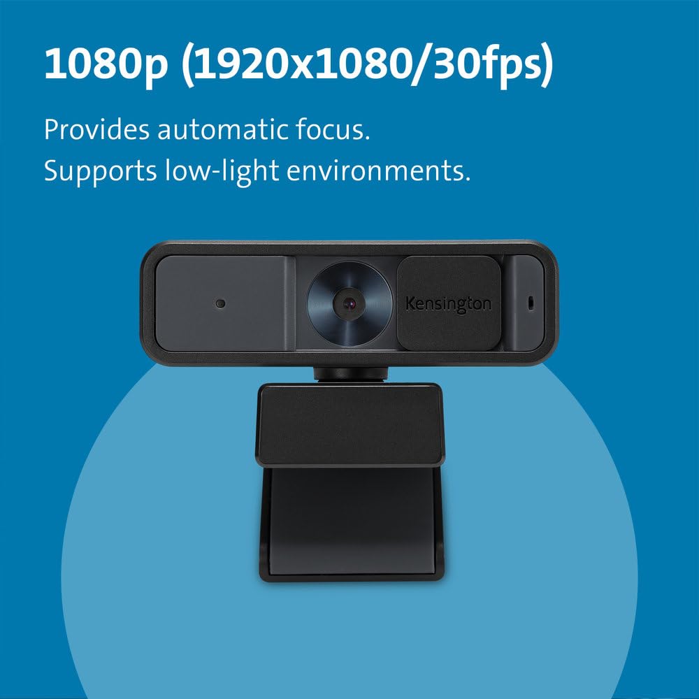 Kensington, Kamera Internetowa 1080p z Obiektywem Wąskokątnym HD Kensington W2000, Autofokus, na USB, Wbudowany Mikrofon z Redukcją Szumów, do Transmisji lub Wideokonferencji (K81175WW)