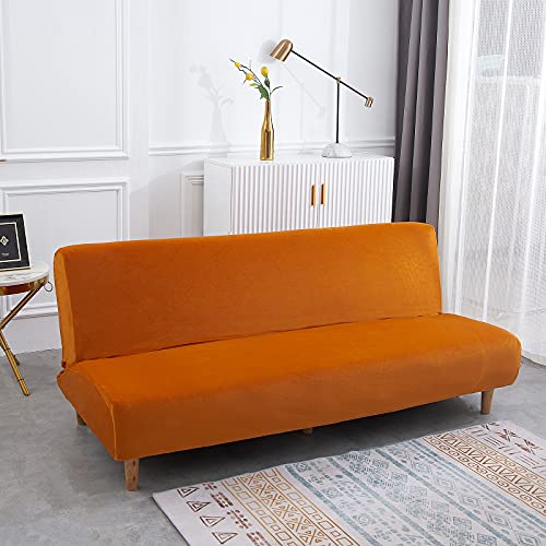 Armless Sofa Bed Cover Futon Slipcover Velvet Stretch Spandex Folding Sofa Couch Non-Armrest Furniture Protector (Velvet Orange) #TOP1