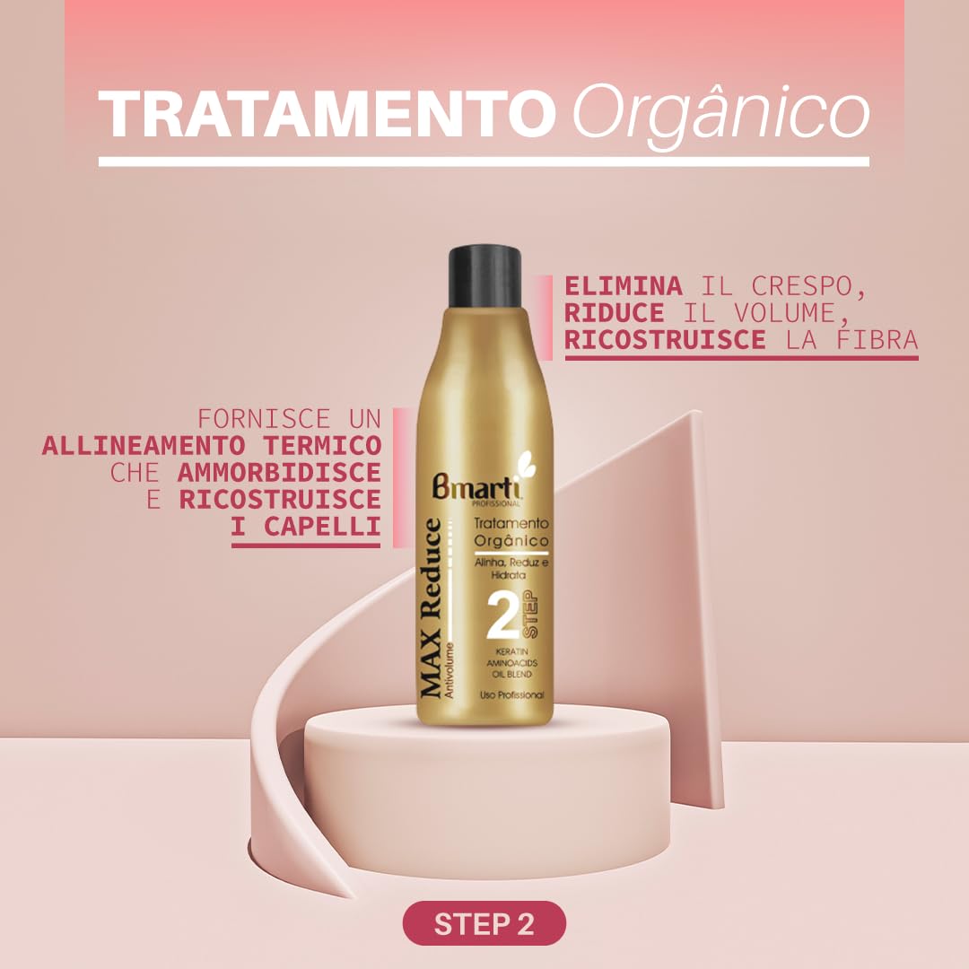 Max Reduce - Trattamento Lisciante Capelli Organico Professionale - Keratina, Anti-Crespo, Riduzione Volume e Liscio Perfetto - Kit Completo 3 Pz. (100+120+100 ml)