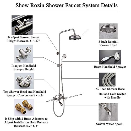 Rozin Brushed Nickel Bathtub Shower Faucet System 8-inch Rainfall Showerhead + Handheld Spray Wall Mounted - Thumbnail 6