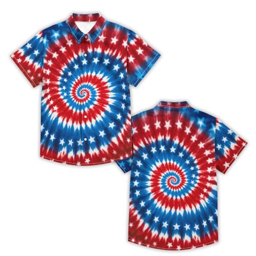 Image of Kids Tie-dye Hawaiian Shirt 80s Button Down Retro Short Sleeve Casual Beach Tropical Funny Party Outfits for Boys