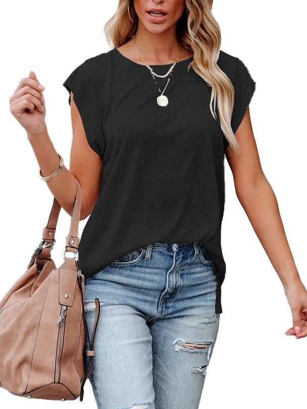 Women's Casual Cap Sleeve T Shirts Summer Crew Neck Side Slit Tee Shirt Basic Knit Loose Fit Tops - Image 5