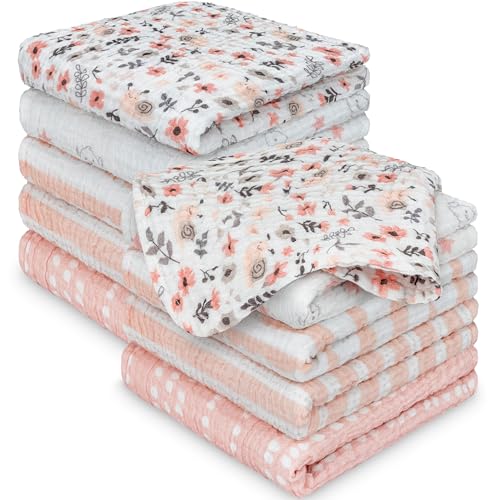 Image of 10-Pack Muslin Baby Washcloths for Newborn - 12x12 inch Soft Absorbent Organic Cotton Muslin Wash Cloths for Babies Girl, Boy, Infant, Toddlers,Kids Face Towel,Bath Essentials,Baby Burp Rags (Sweet Charm)