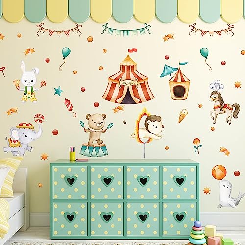 Image of PLIGREAT 2 Sheets Circus Animals Wall Sticker Watercolor Animal Show Wall Art Murals Peel and Stick Wall Decals for Bedroom Nursery Birthday Party Decor Home Indoor DIY Large Size Stickers Decoration