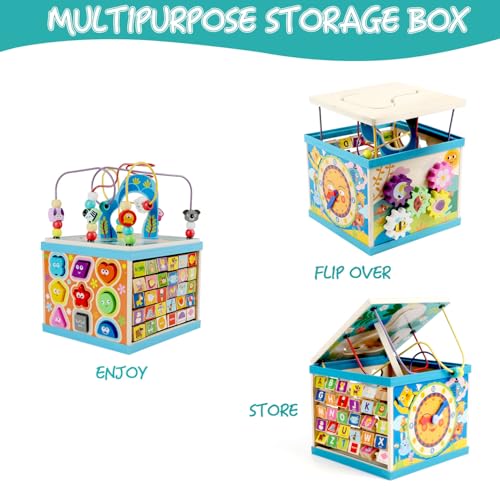 Image of Qilay Wooden Activity Cube for Toddlers, 5 in 1 Multipurpose Abacus Early Educational Montessori Toys, Learning Toys for Kids | Bead Maze, Great for Boys Girls