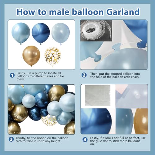 Blue and Gold Balloons Arch Kit - 119 PCs Double Stuffed Pastel Blue Balloons Dusty Navy Light Metallic Blue Gold Confetti Balloons for Bridal Shower Wedding Birthday Party Decorations — view 3