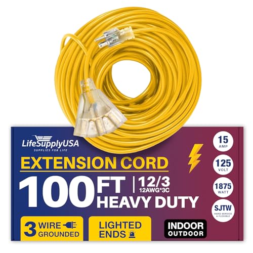 Lifesupplyusa 1233100FT 100Ft Power Outdoor Extension Cord & Indoor - Waterproof Electric Drop Cord Cable - 3 Prong, 3-Outlet, Sjtw, 12 Gauge, 15 Amp, 125 Volts, 1875 Watts, 12/3 By Lifesupplyusa cover