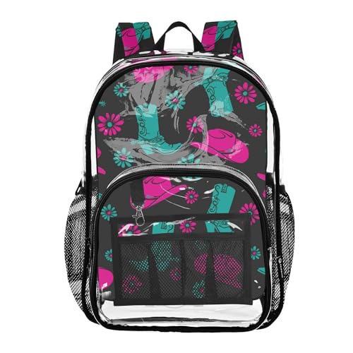 Western Cowgirl Flowers Clear Backpack PVC Transparent School Backpack Lightweight Student Book Bags Capacity Clear Bag
