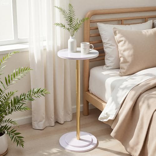 OIKASSU Premium Stone Round Drink Table,Heavy Duty Engineered Marble Base Top Pedestal,Cocktail Accent End Table for Living Room, Weighted Base Small Accent Side Table for Small Space Office,White