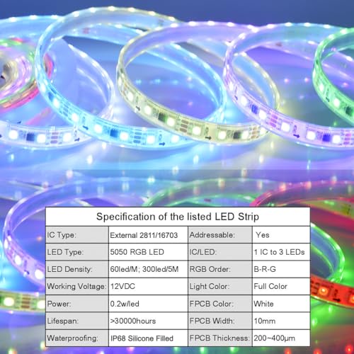 Image of 12V 2811 Pixel Programmable LED Strip Light, Fancy Dream Color, 5M /16Feet 300LED, Without Power Supply (IP68 Silicone Filled)