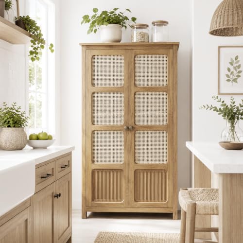 Image of The Attic Crestwood 2 Door Kitchen Cabinet, Multipurpose Cabinet for Bedroom Living Room Study bar, Solid Wood Bookshelf Kitchen Cabinet, Light Teak Matte Finish Cane