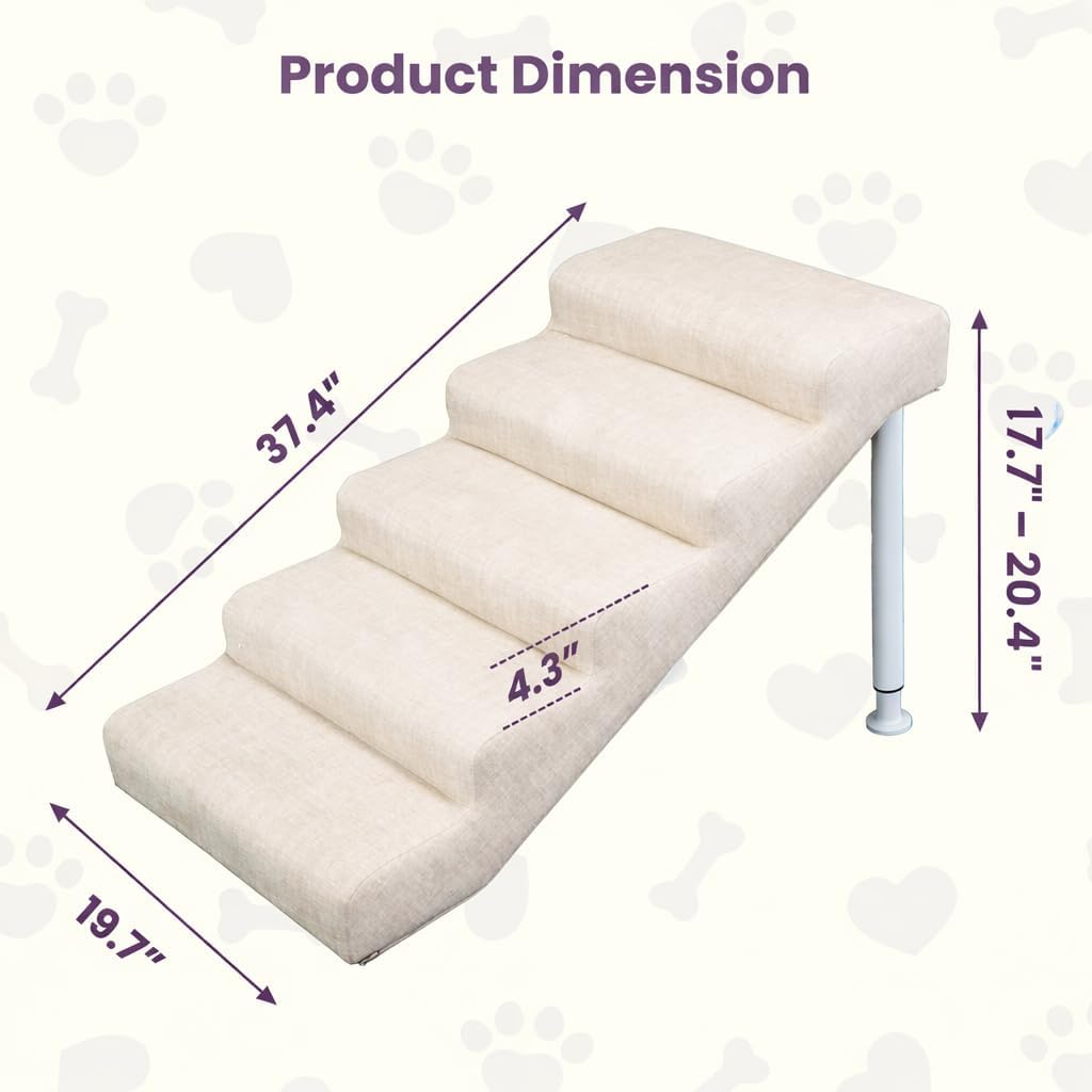 Leather Dog Stairs, 19.7" Extra Wide Dog Steps for Bed & Sofa, Adjustable Height 17.7"-20.47” Pet Ramp for Small to Large Dogs, Holds Up to 150 lbs（5-Step）