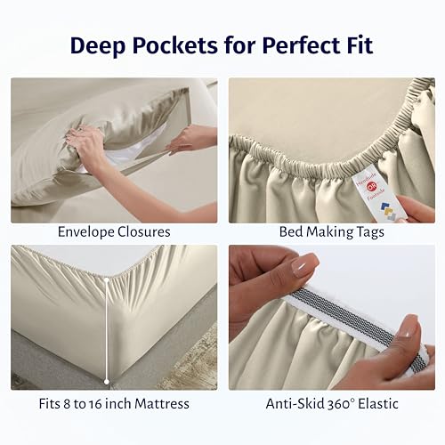Image of California Design Den Certified 100% Egyptian Cotton Percale Sheets Queen Size Set - Lightweight, Deep Pocket Queen Cotton Sheet Set, Crisp & Durable Luxury Bedding Set - Beige