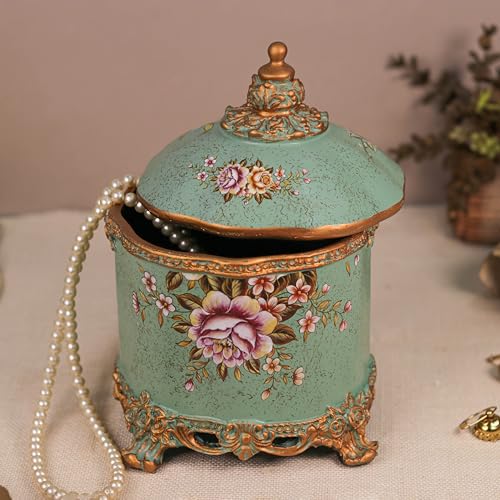 Image of DECOR BAE Flower Printed Luxurious Jewellery Jar, Resin Handcrafted Antique Premium Jewelry Storage Box for All Jewelry Necklaces Earring Ring Chain Bangle (Green, 6.5X10 Inch)