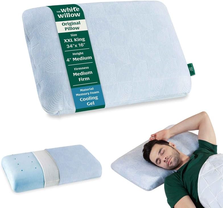 The White Willow Memory Foam Pillow for Neck & Shoulder Pain Relief-Cool Gel-Cervical Pillow for Sleeping-Orthopedic Bed Pillow for Back, Side & Stomach Sleepers-Medium Firm-XXL King Size-4" H-Blue