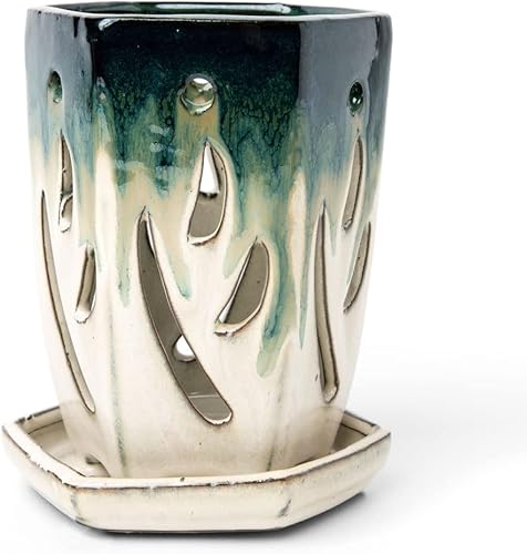 Miniatura 6 de rePotme Maceta de cerámica para orquídeas de 4 x 6 pulgadas (diamante blanco) - Maceta hexagonal para orquídeas con agujeros