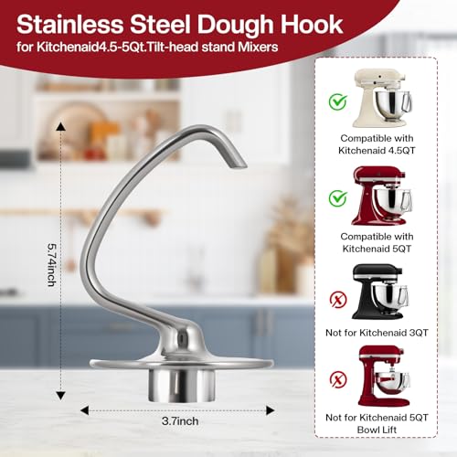 Image of Stainless Steel Dough Hook for Kitchenaid 4.5-5 Qt Tilt-Head Mixers,Dishwasher Safe,Heavy-Duty Replacement K45DH for kitchen aid Dough Hook Attachment