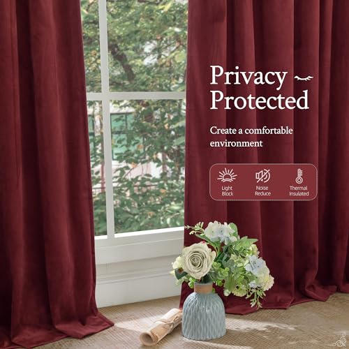 LAMIT Red Velvet Curtains 120 Inch for Living Room, Vintage Thermal Blackout Panels Room Darkening Back Tab and Rod Pocket Christmas Decor Drapes for Bedroom/Theater, 2 Panels, 52 x 120 Inch