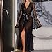 Lingerie for Women Sexy Long Lace Kimono Robe Mesh Sheer Chemise Bell Sleeve Fur Trim Gown Swimsuit V Neck Cover Up Black