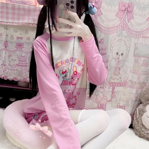 Sweet Cartoon Print Pink O-Neck T Shirts Women Long Sleeve Tees Y2k Aesthetic Grunge Cropped Tee3