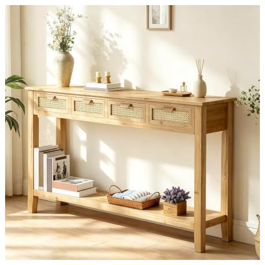 Wnutrees Farmhouse Console Table with 4 Rattan Drawers, 60" Long Narrow Boho Foyer Sofa Tables with Open Storage Shelves for Entryway,Hallway,Living Room, Natural