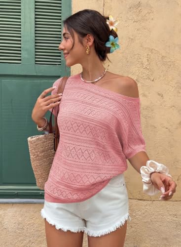 Image of Cakulo Womens Off The Shoulder Batwing Short Sleeve Crochet Tops 2026 Spring Summer Sweater Top Knit Beach Cover Up