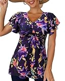 Fanuerg Women's Flowy Tankini Top Only Ruffle Sleeve Swim Bathing Suit Tops Modest Drawstring Swimsuit Top No Bottom Purple Floral M