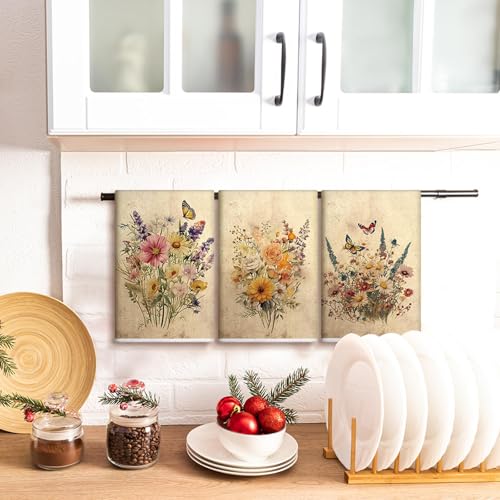 Image of Bencailor 6 Pcs Wildflowers Kitchen Towels Decorative Sets Dish Towels Absorbent Fast Drying Hand Tea Vintage Hanging Reusable Cleaning Dishcloths for Cooking Farmhouse Bathroom Accessory
