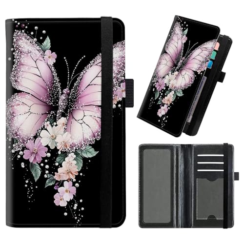 FXIANGWL Checkbook Cover for Men Women with RFID Blocking and Elastic Strap, Premium Leather Checkbook Holder Slim Wallets for Top and Side Tear Duplicate Checks, Pink ShinyB Butterfly