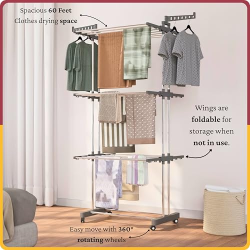 Image of Amiraj Premium Stainless Steel Clothes Drying Stand | 3 Tier 2 Pole Foldable Laundry Rack with Wheels & Sock Holder | Heavy Duty Indoor & Outdoor Cloth Dryer for Balcony, Terrace & Home - Gray