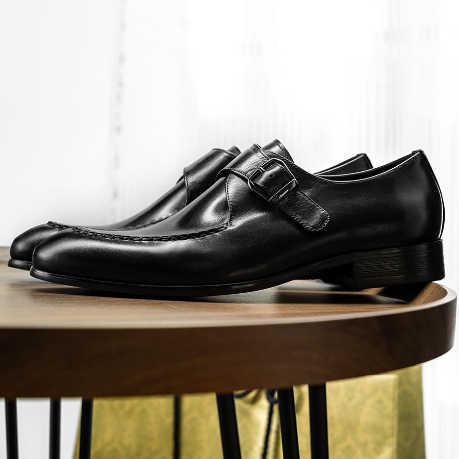 HOOENG Oxford Dress Shoes for Men Slip On Pointed Toe Genuine Leather Split Toe Monk Strap Block Heel Slip Resistant Anti-Slip Rubber Sole Casual(Black,8.5)3