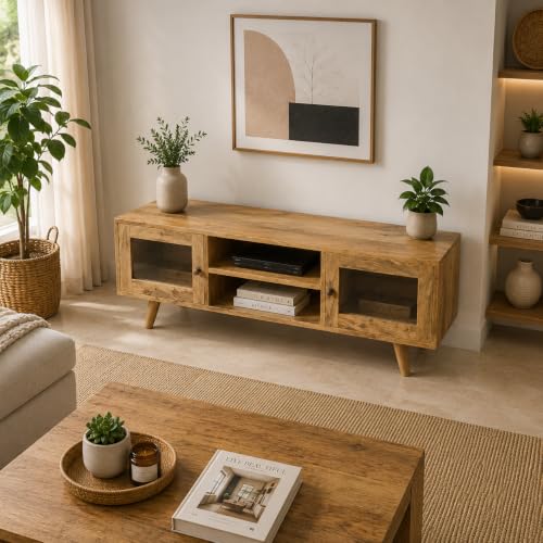 Image of The Attic Janah TV Cabinet, Solid Wood Sideboard TV Cabinet for Living Room, Wooden Free Standing TV Unit Side Board Table with Storage, Natural Matte Finish Glass