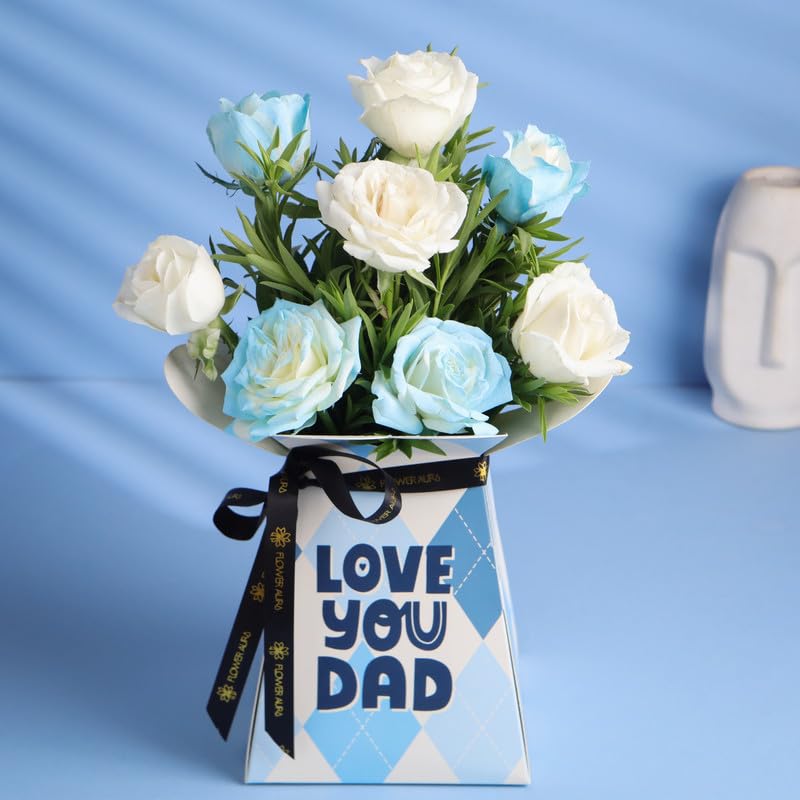 FlowerAura Premium Fresh Live Flower Bouquet of 8 White & Blue Roses In Box For Birthday Gift & Father's Day Gift For Dad | Papa | Father-In-Law | Grandfather | Daddy | Appa | Baba (Same Day Delivery)-image-13