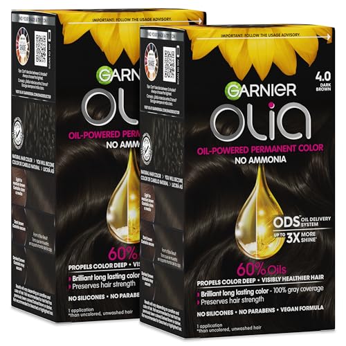 Garnier Olia Hair Color, Ammonia-Free Permanent Hair Dye, Oil-Powered Formula for 100% Gray Coverage and 3x Shinier Hair, Vegan & Cruelty Free, 4.0 Dark Brown,...