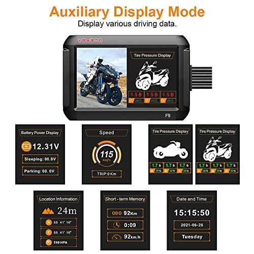 VSYSTO WiFi Motorcycle Dash Camera, 3 Tire Pressure Sensors, Parking Monitoring, Waterproof GPS 4\'\' Screen 1080P 150° Wide Angle Front and Rear Cam Positive/Reversed Three Wheeled Motorbike DVR System