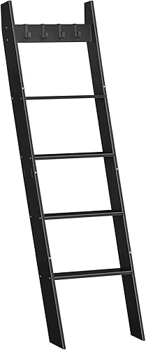 Miniatura 10 de Escalera para manta para sala de estar y dormitorio, toallero de pared de 5 niveles para baño, estante decorativo de escalera con 4 ganchos